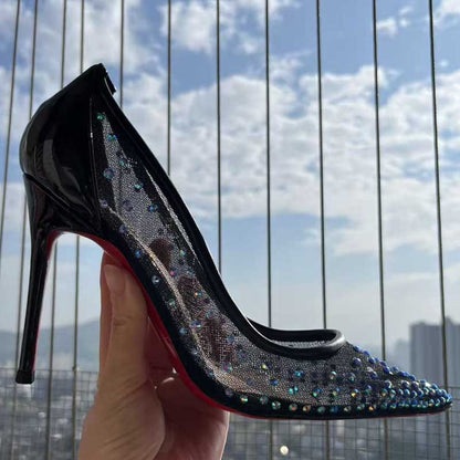 Custom Black Mesh Blue Rhinestone Stiletto Heels