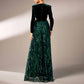 Dark Green Prom Dress High Split Satin Sequined Long Sleeve Ball Gown