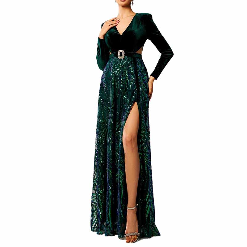 Dark Green Prom Dress High Split Satin Sequined Long Sleeve Ball Gown