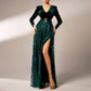 Dark Green Prom Dress High Split Satin Sequined Long Sleeve Ball Gown