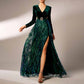 Dark Green Prom Dress High Split Satin Sequined Long Sleeve Ball Gown