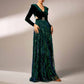 Dark Green Prom Dress High Split Satin Sequined Long Sleeve Ball Gown