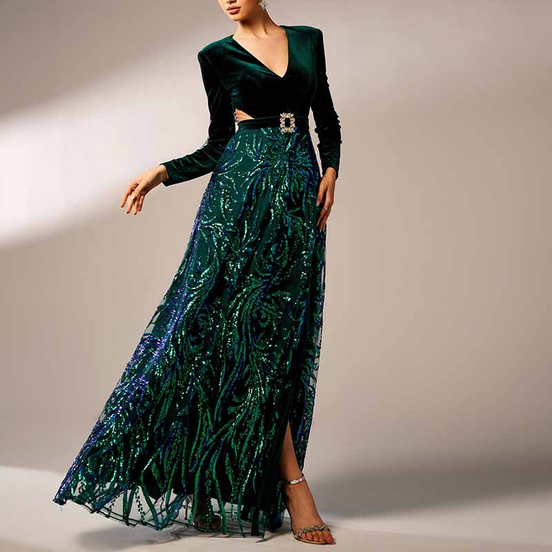 Dark Green Prom Dress High Split Satin Sequined Long Sleeve Ball Gown