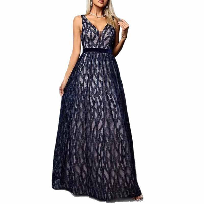 Deep Blue Sleeveless V-Neck Long Evening Gown – Maxi Dress for Prom & Formal Events