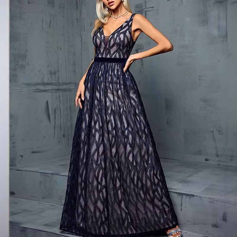Deep Blue Sleeveless V-Neck Long Evening Gown – Maxi Dress for Prom & Formal Events