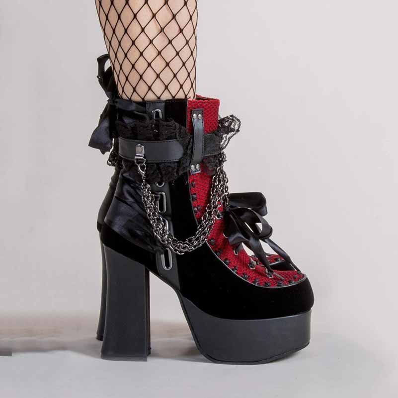 Demonia Platform Boots Black Red Heels Velvet Boots