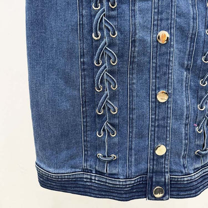 Denim Buttoned Lace-Up Mini Dress Blue