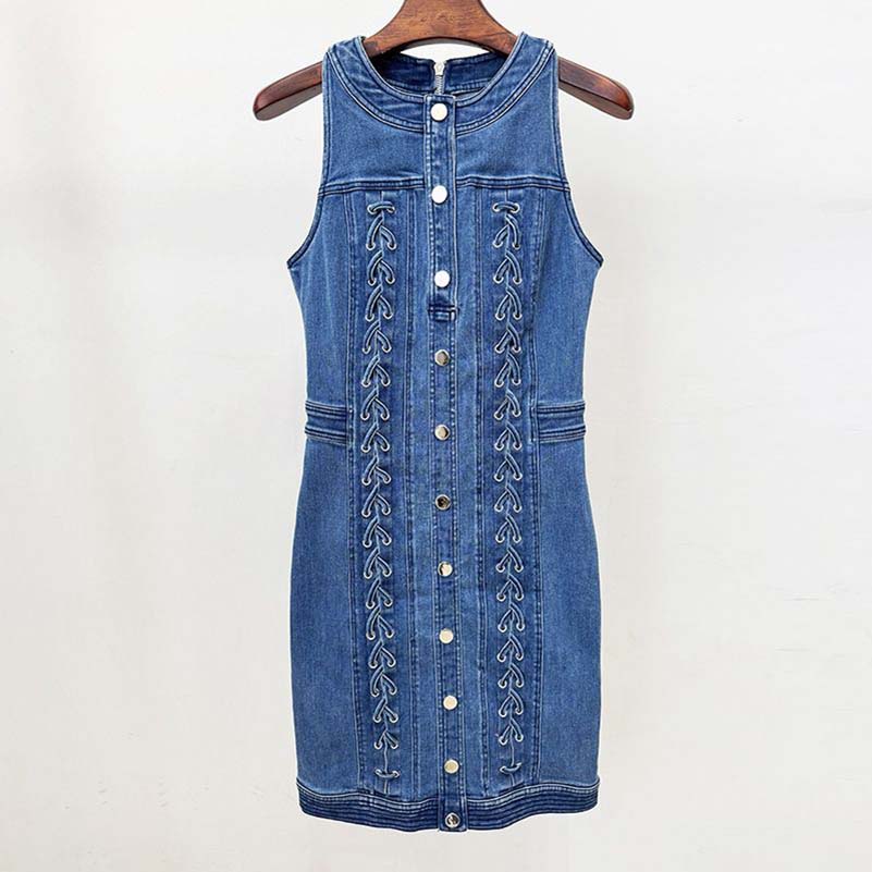 Denim Buttoned Lace-Up Mini Dress Blue