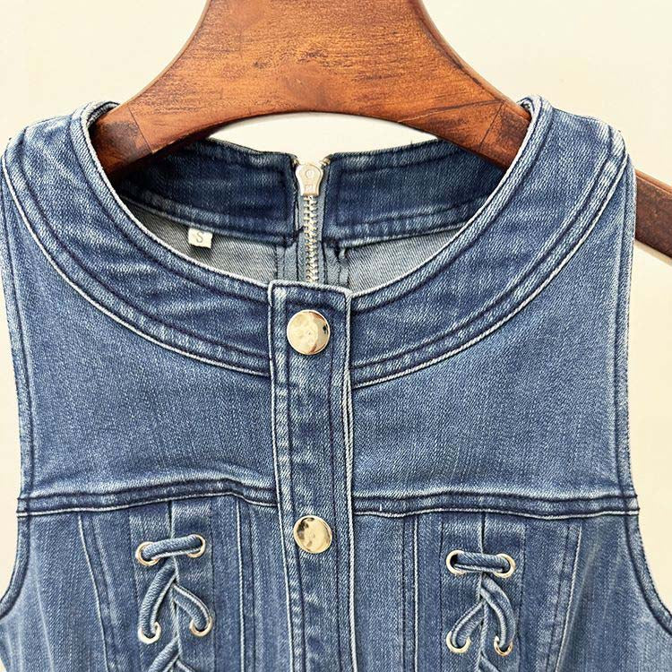Denim Buttoned Lace-Up Mini Dress Blue