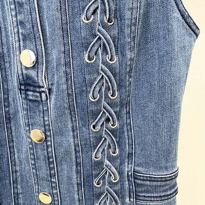 Denim Buttoned Lace-Up Mini Dress Blue