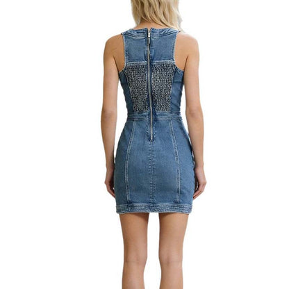 Denim Buttoned Lace-Up Mini Dress Blue