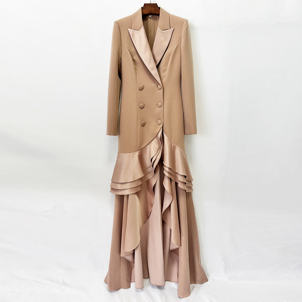 Double-Breasted Tuxedo Ruffle Gown with a dramatic high-low skirt