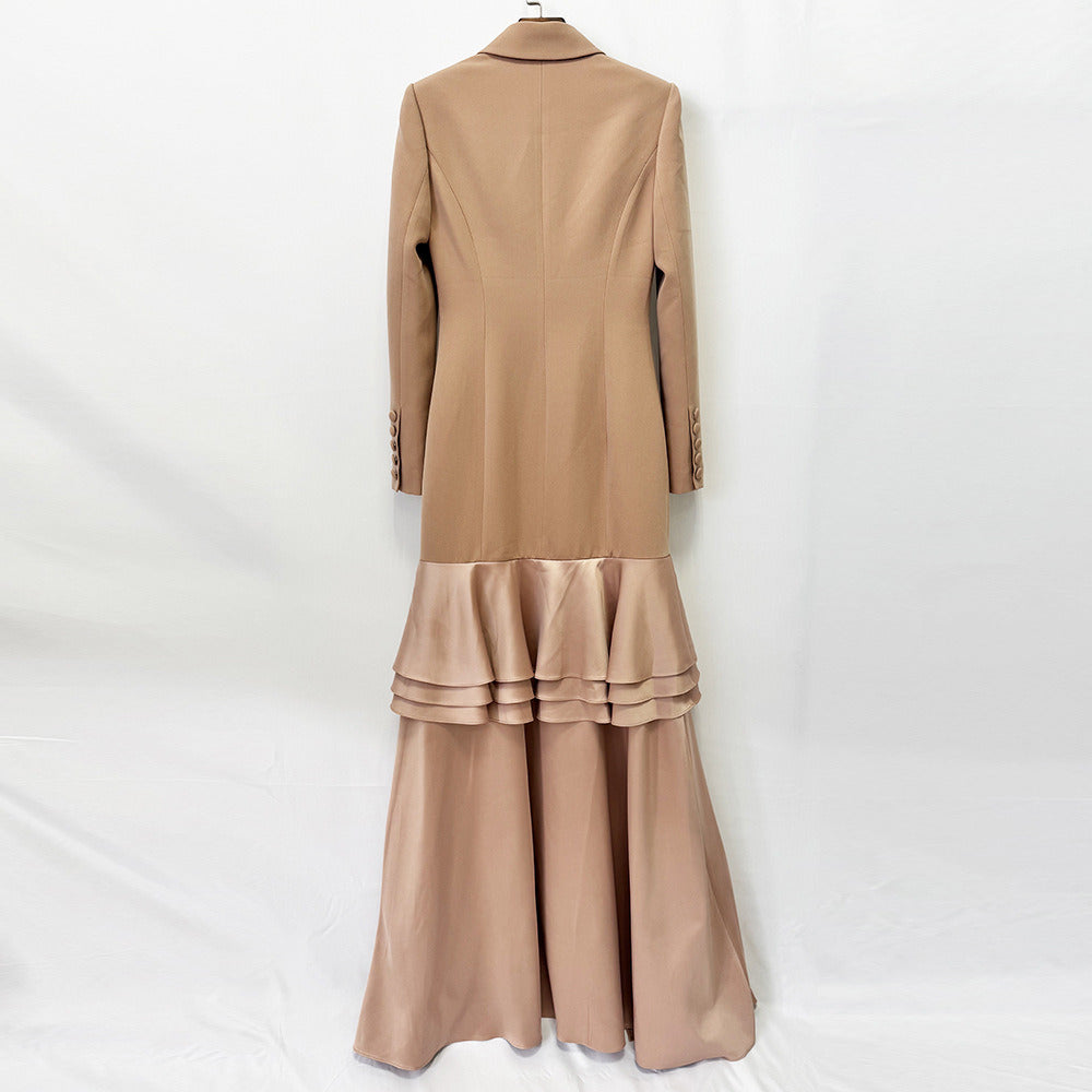 Double-Breasted Tuxedo Ruffle Gown with a dramatic high-low skirt