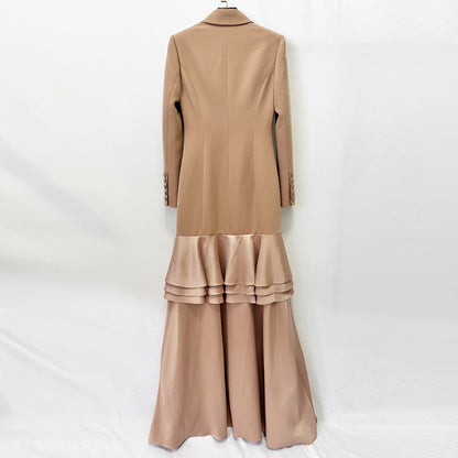 Double-Breasted Tuxedo Ruffle Gown with a dramatic high-low skirt