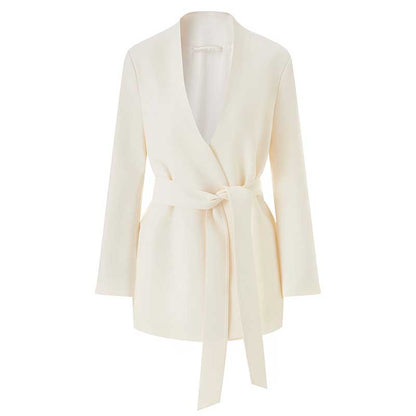 Women's Belted Blazer Coat | Collarless V-Neck Mid-Length Style