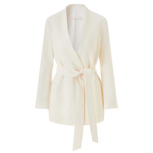 Women's Belted Blazer Coat | Collarless V-Neck Mid-Length Style