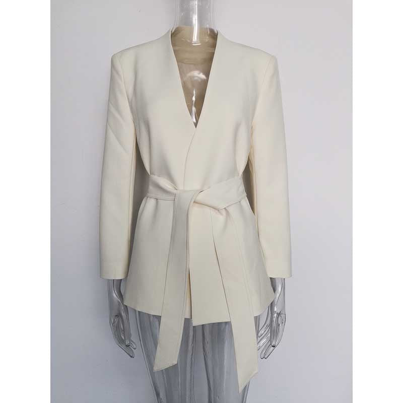 Women's Belted Blazer Coat | Collarless V-Neck Mid-Length Style