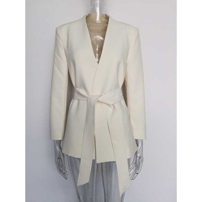 Women's Belted Blazer Coat | Collarless V-Neck Mid-Length Style