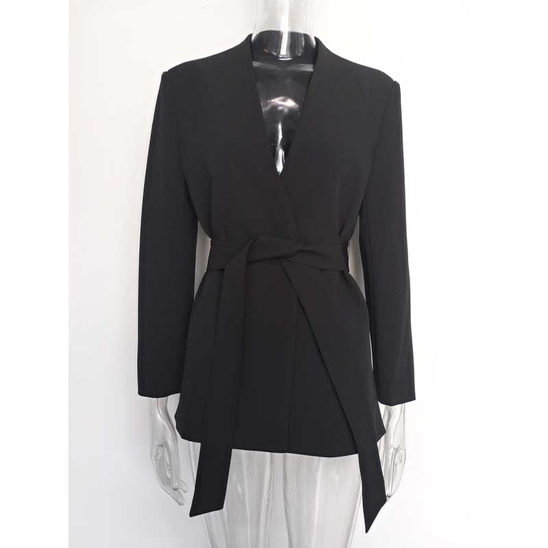 Women's Belted Blazer Coat | Collarless V-Neck Mid-Length Style
