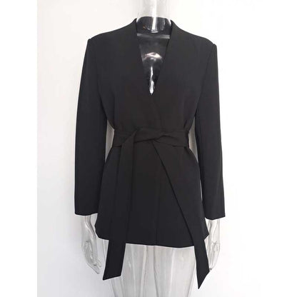 Women's Belted Blazer Coat | Collarless V-Neck Mid-Length Style