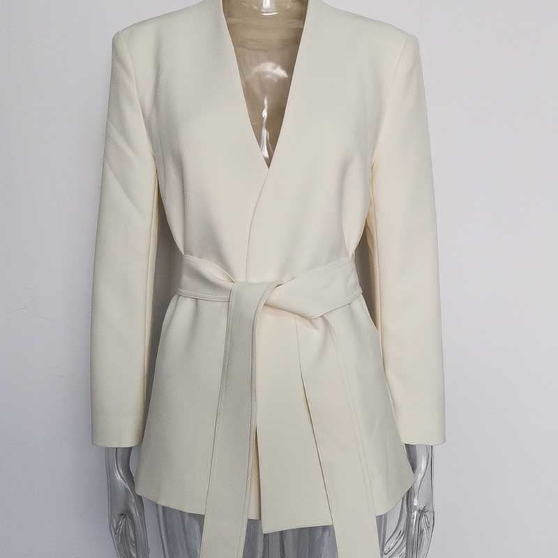Women's Belted Blazer Coat | Collarless V-Neck Mid-Length Style