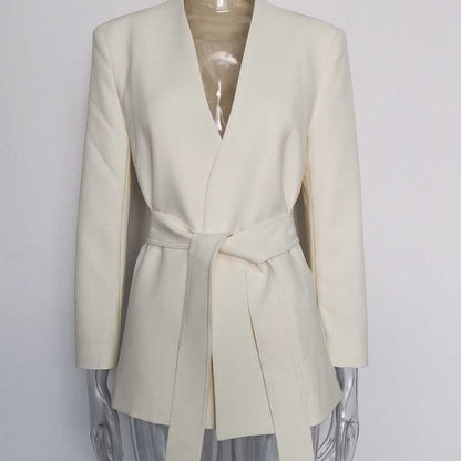 Women's Belted Blazer Coat | Collarless V-Neck Mid-Length Style