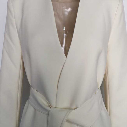 Women's Belted Blazer Coat | Collarless V-Neck Mid-Length Style