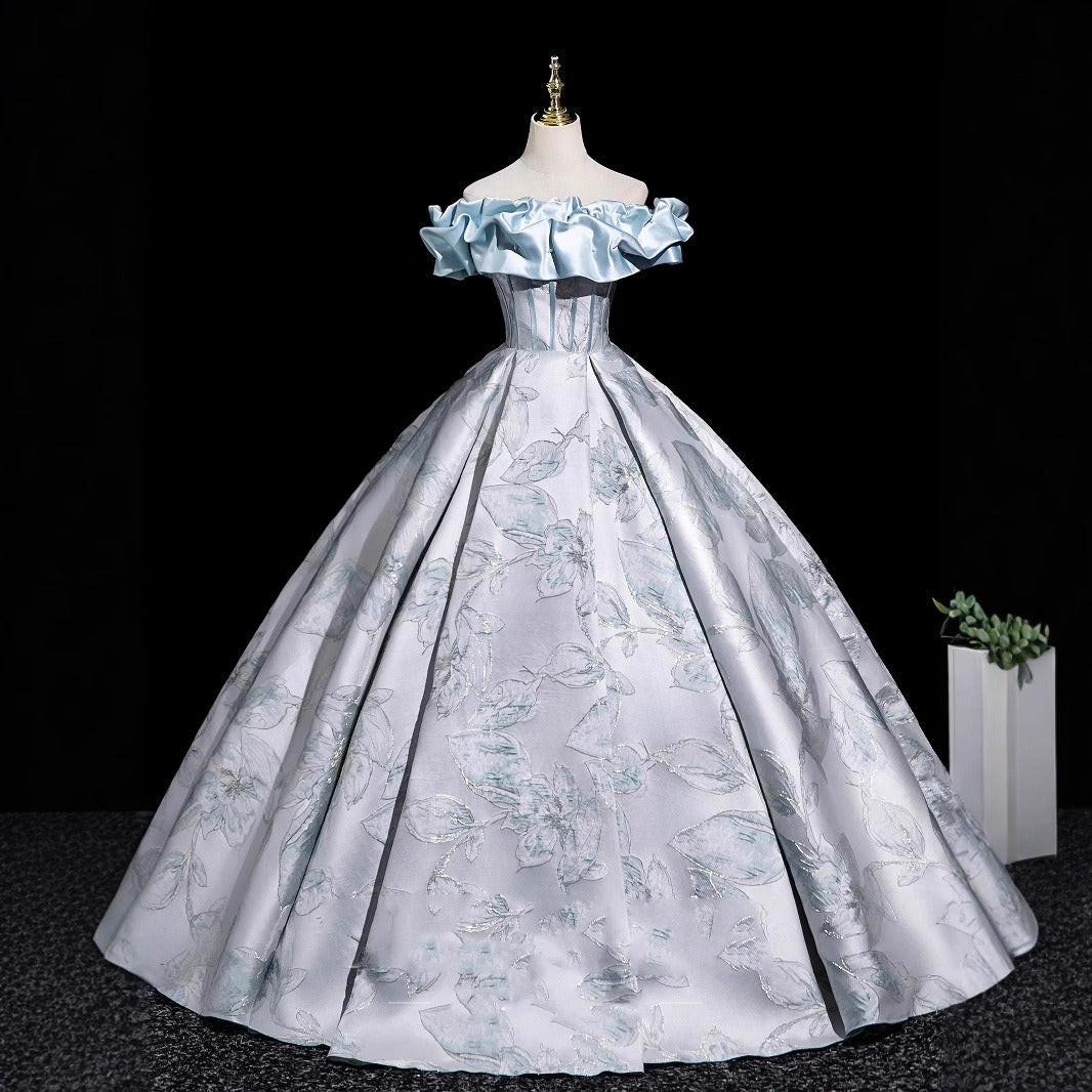 Light Blue Off-Shoulder Ball Gown with 3D Floral Jacquard Pattern | Satin Ruffle Neckline Formal Evening Dress