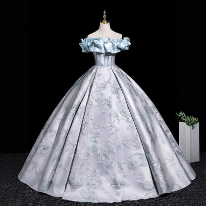 Light Blue Off-Shoulder Ball Gown with 3D Floral Jacquard Pattern | Satin Ruffle Neckline Formal Evening Dress