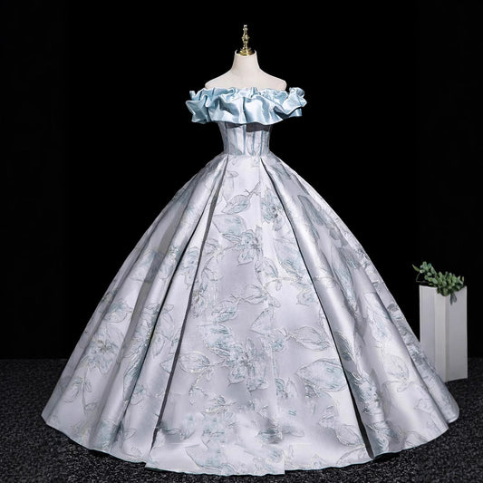 Light Blue Off-Shoulder Ball Gown with 3D Floral Jacquard Pattern | Satin Ruffle Neckline Formal Evening Dress