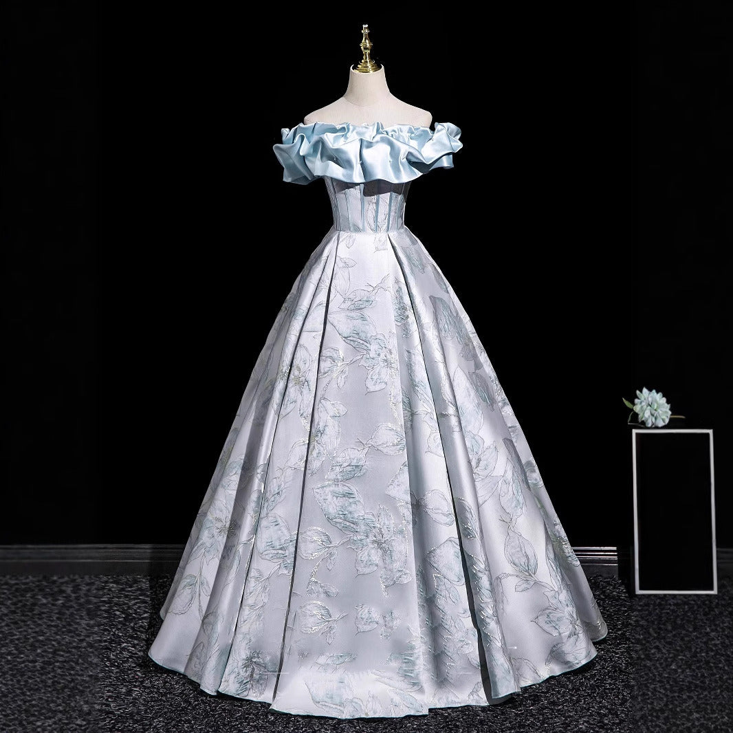 Light Blue Off-Shoulder Ball Gown with 3D Floral Jacquard Pattern | Satin Ruffle Neckline Formal Evening Dress