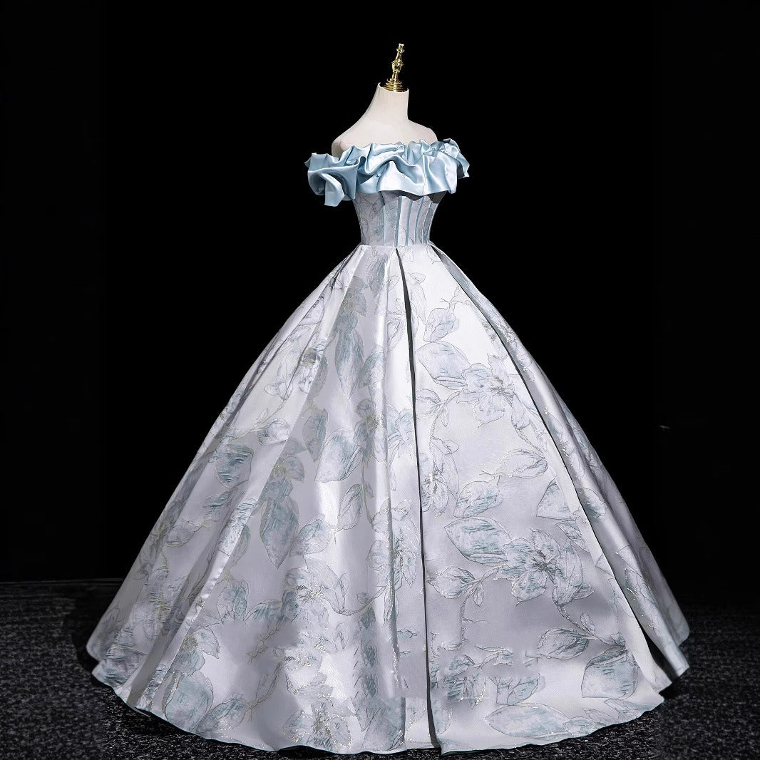 Light Blue Off-Shoulder Ball Gown with 3D Floral Jacquard Pattern | Satin Ruffle Neckline Formal Evening Dress