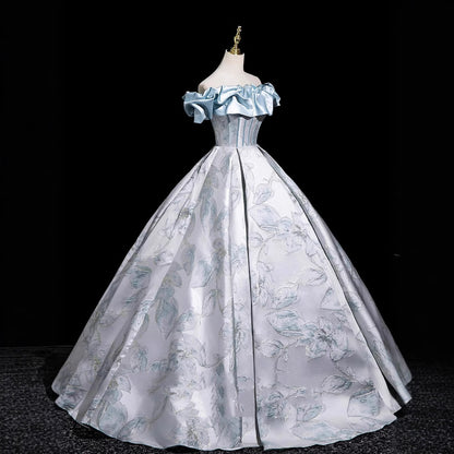Light Blue Off-Shoulder Ball Gown with 3D Floral Jacquard Pattern | Satin Ruffle Neckline Formal Evening Dress