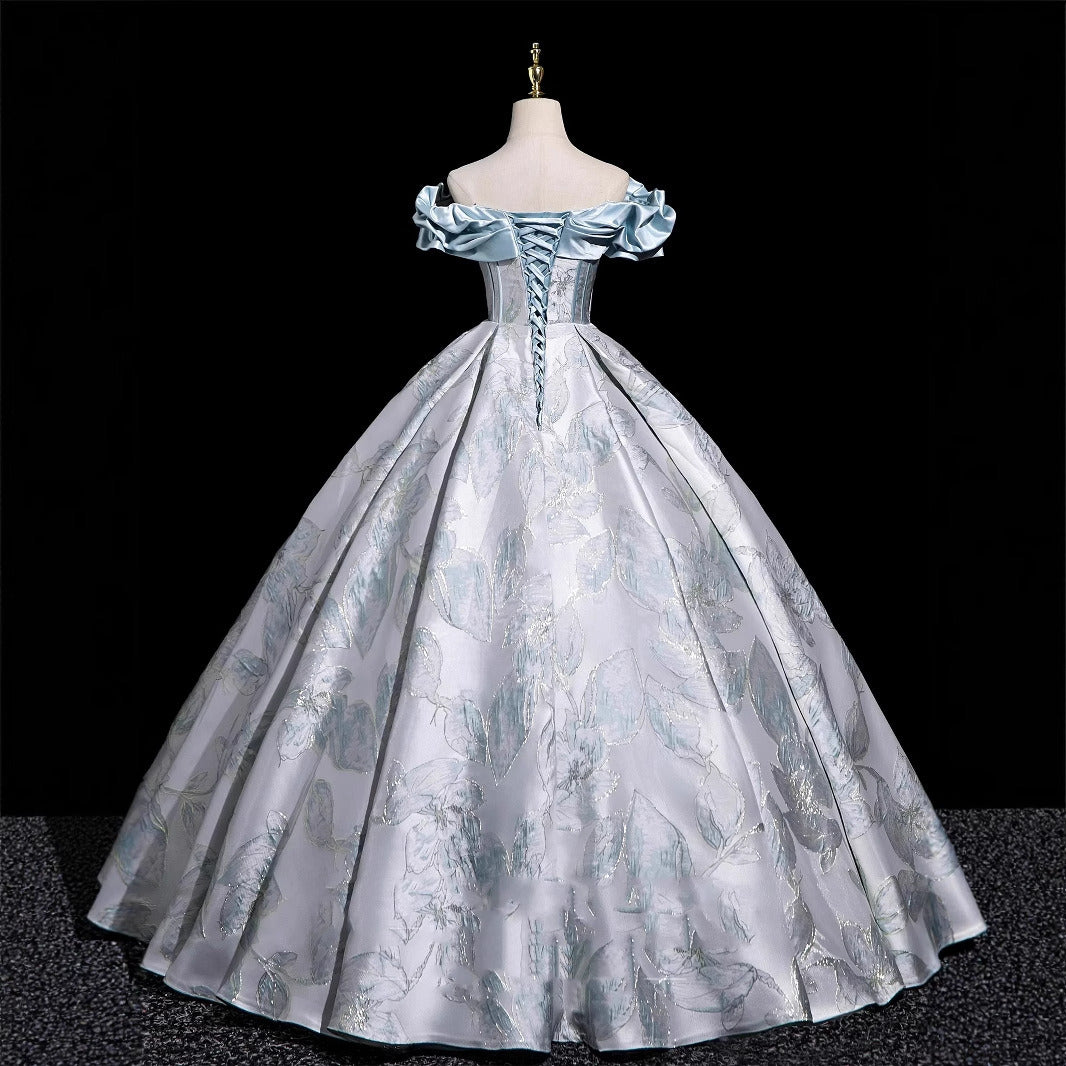Light Blue Off-Shoulder Ball Gown with 3D Floral Jacquard Pattern | Satin Ruffle Neckline Formal Evening Dress