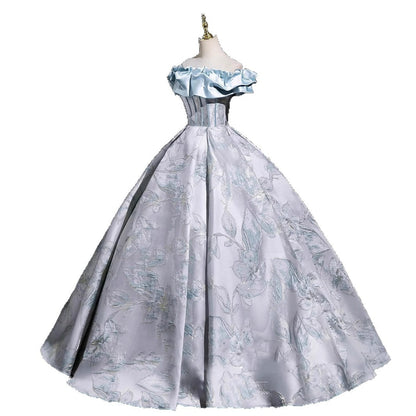 Light blue off-shoulder ball gown with silver floral jacquard pattern