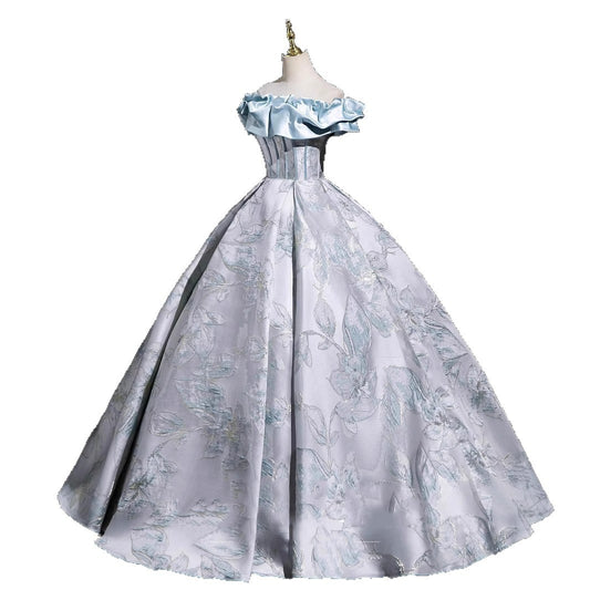 Light blue off-shoulder ball gown with silver floral jacquard pattern