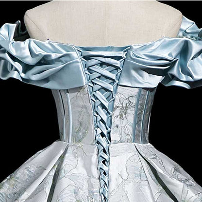 Light Blue Off-Shoulder Ball Gown with 3D Floral Jacquard Pattern | Satin Ruffle Neckline Formal Evening Dress