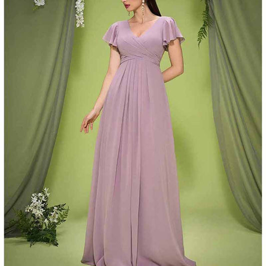 Dusty Pink V Neck Puff Sleeve Wedding Guest Dress – Elegant Bridesmaid Dress