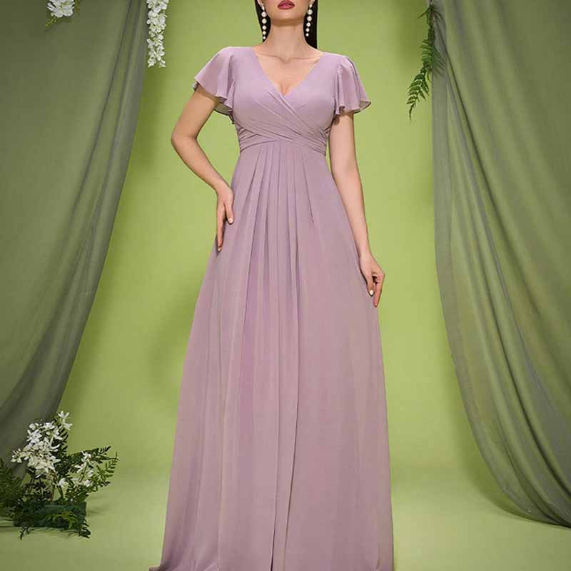 Dusty Pink V Neck Puff Sleeve Bridesmaid Dress Wedding Guest Outfit SD Dresscode & Fashiontrends Dusty Pink V Neck Puff Sleeve Bridesmaid Dress Wedding Guest Outfit SD Dresscode & Fashiontrends