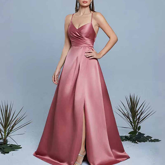 Dusty Rose Satin Aline Evening Gown | Sleeveless Long Dress for Weddings