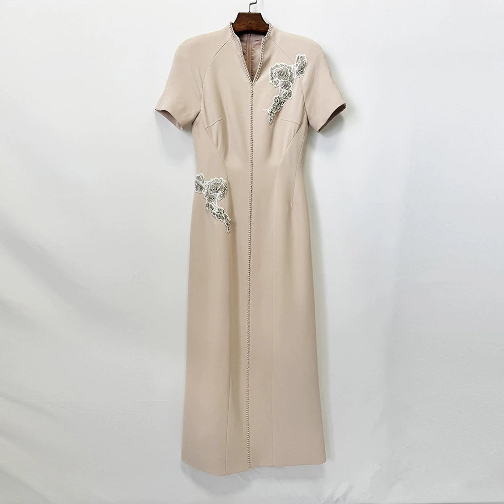 Elegant Beige Embroidered Mandarin Collar Maxi Dress with Beaded Detailing