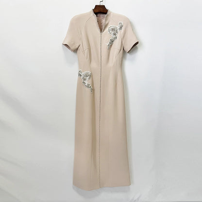 Elegant Beige Embroidered Mandarin Collar Maxi Dress with Beaded Detailing