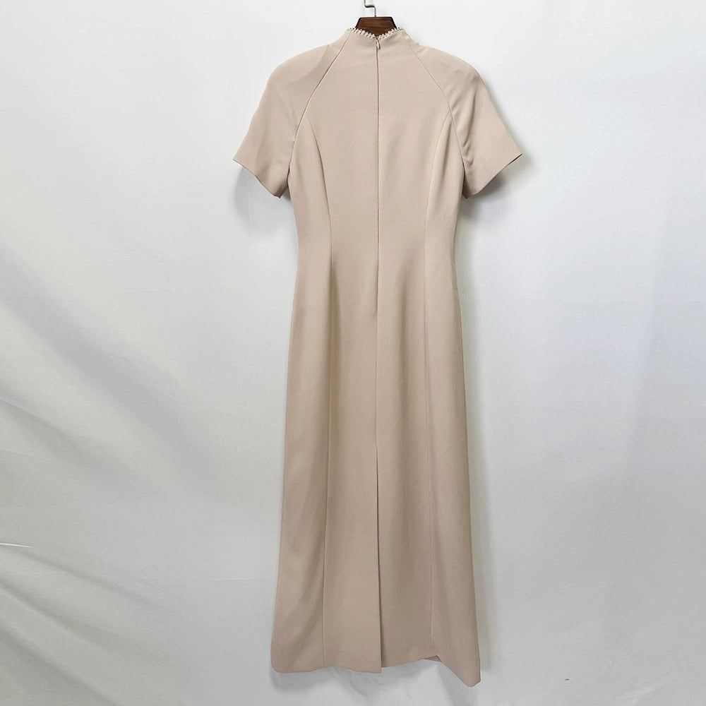 Elegant Beige Embroidered Mandarin Collar Maxi Dress with Beaded Detailing