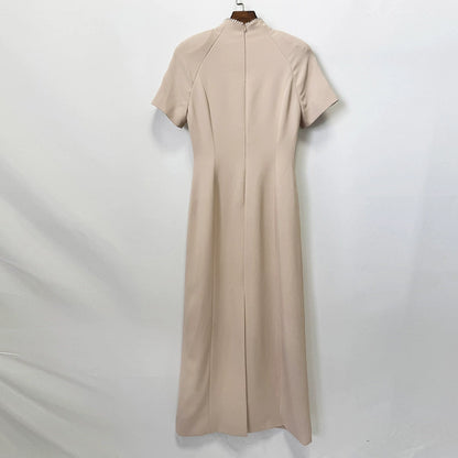 Elegant Beige Embroidered Mandarin Collar Maxi Dress with Beaded Detailing