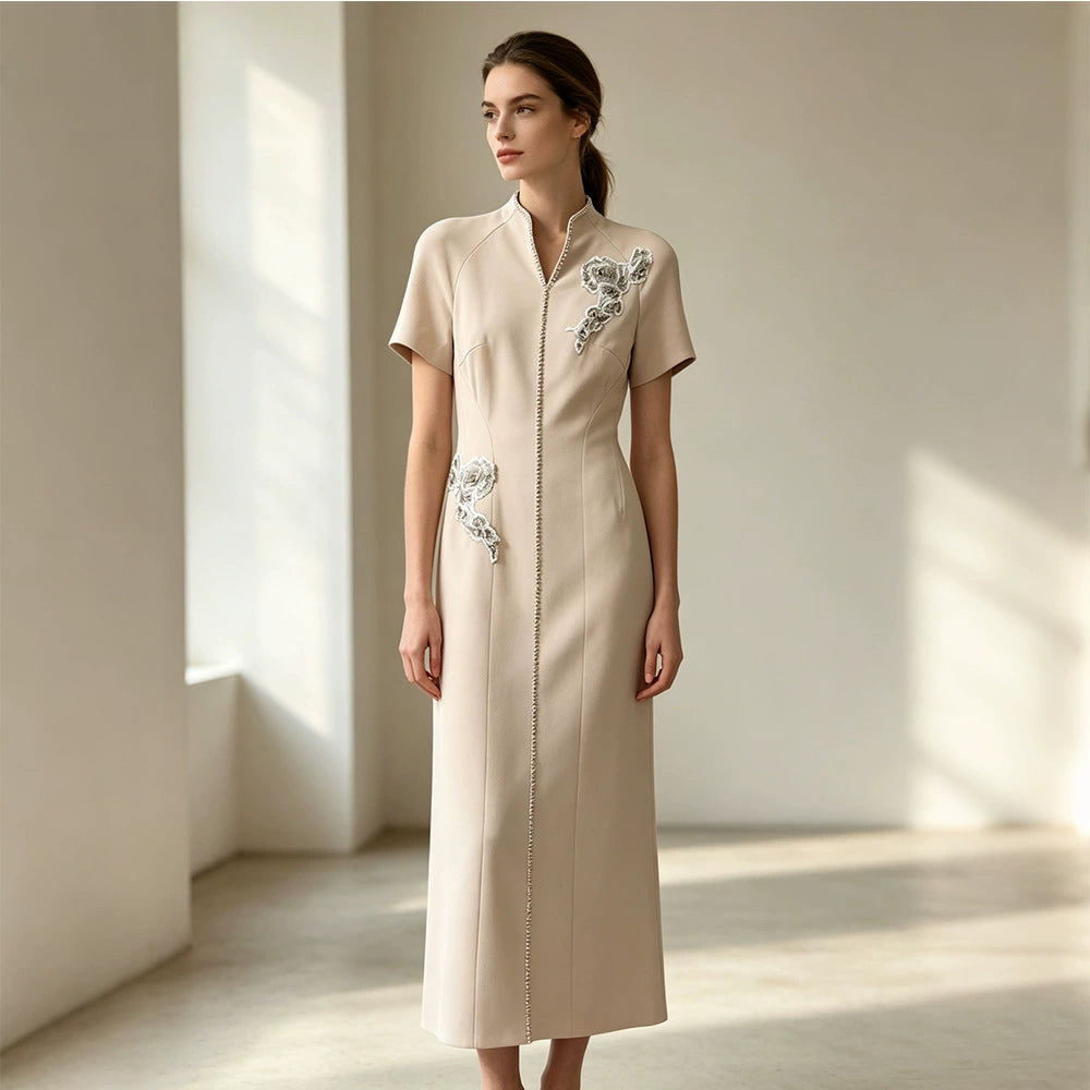 Elegant Beige Embroidered Mandarin Collar Maxi Dress with Beaded Detailing
