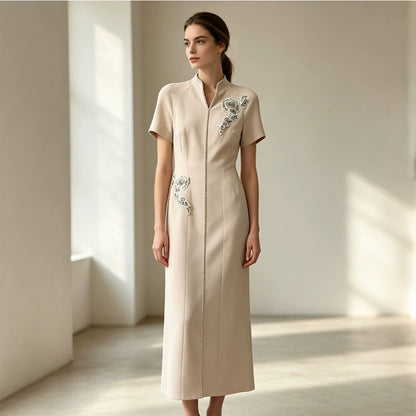 Elegant Beige Embroidered Mandarin Collar Maxi Dress with Beaded Detailing