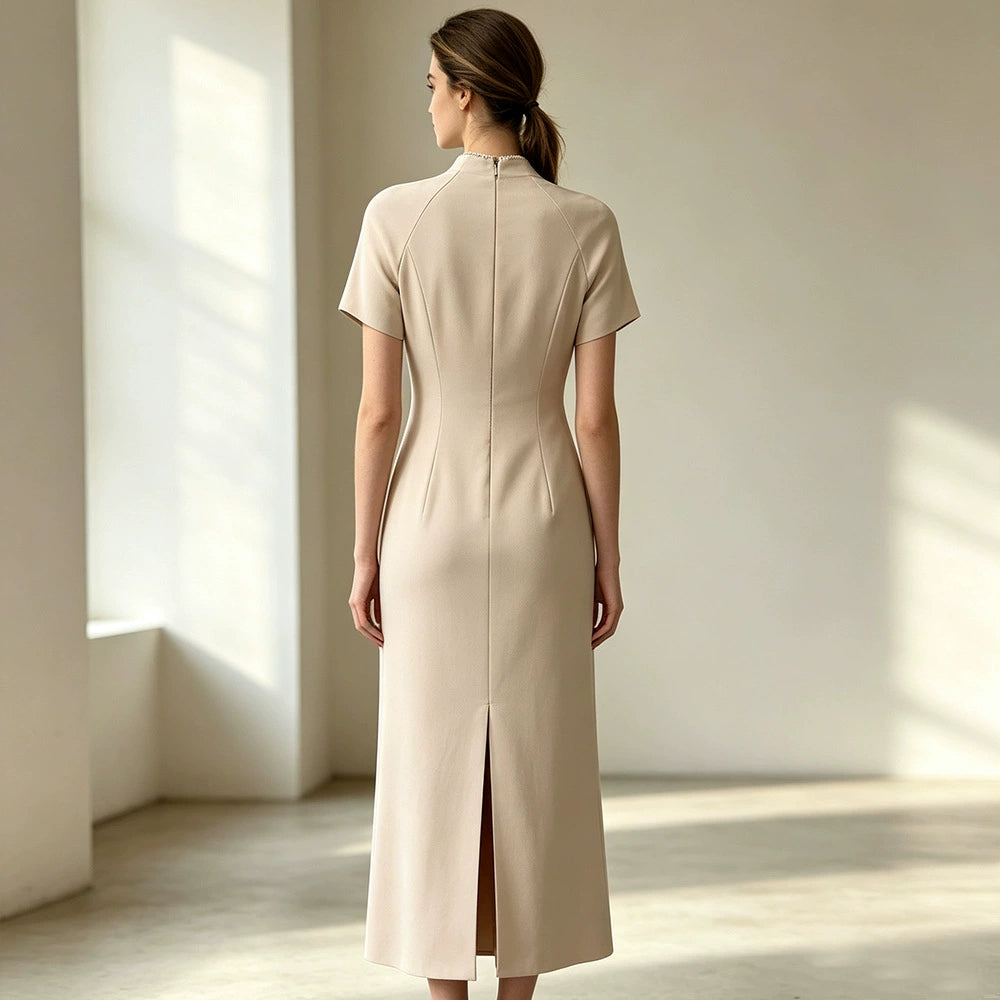 Elegant Beige Embroidered Mandarin Collar Maxi Dress with Beaded Detailing