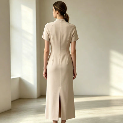 Elegant Beige Embroidered Mandarin Collar Maxi Dress with Beaded Detailing