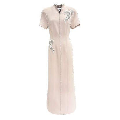 Elegant Beige Embroidered Mandarin Collar Maxi Dress with Beaded Detailing