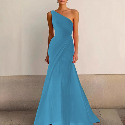 Elegant Bridesmaid Dress One Shoulder Evening Dress Long Pleated Formal Gown for Prom Party